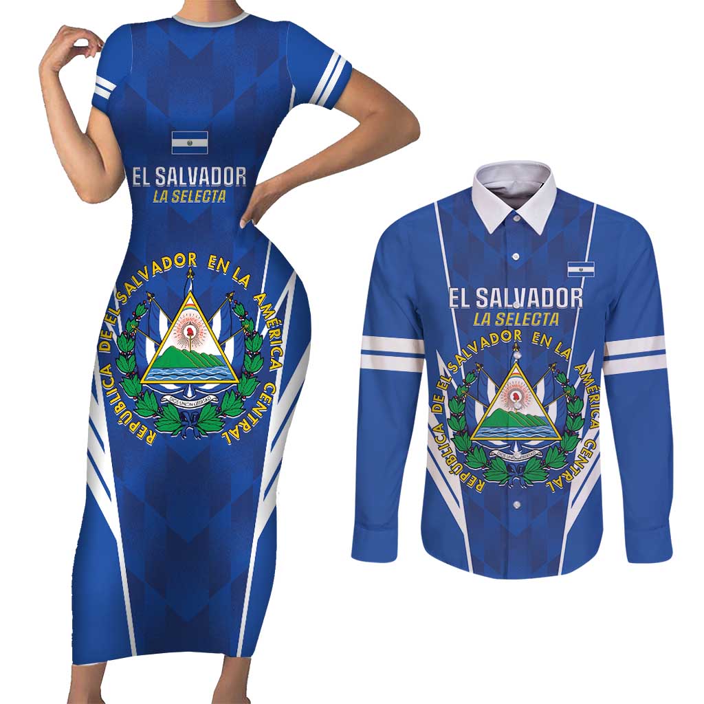 Custom El Salvador Football Couples Matching Short Sleeve Bodycon Dress and Long Sleeve Button Shirt 2025 Vamos La Selecta