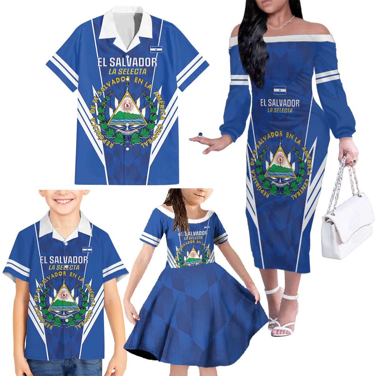 Custom El Salvador Football Family Matching Off The Shoulder Long Sleeve Dress and Hawaiian Shirt 2025 Vamos La Selecta