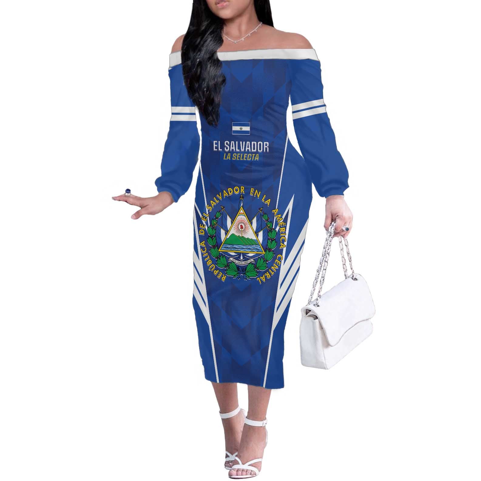 Custom El Salvador Football Off The Shoulder Long Sleeve Dress 2025 Vamos La Selecta