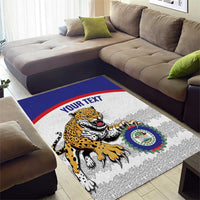 Customizable white football area rug with jaguar graphic, green crest, and “YOUR TEXT”