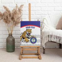 Framed canvas wall art on easel with jaguar graphic and “YOUR TEXT” banner