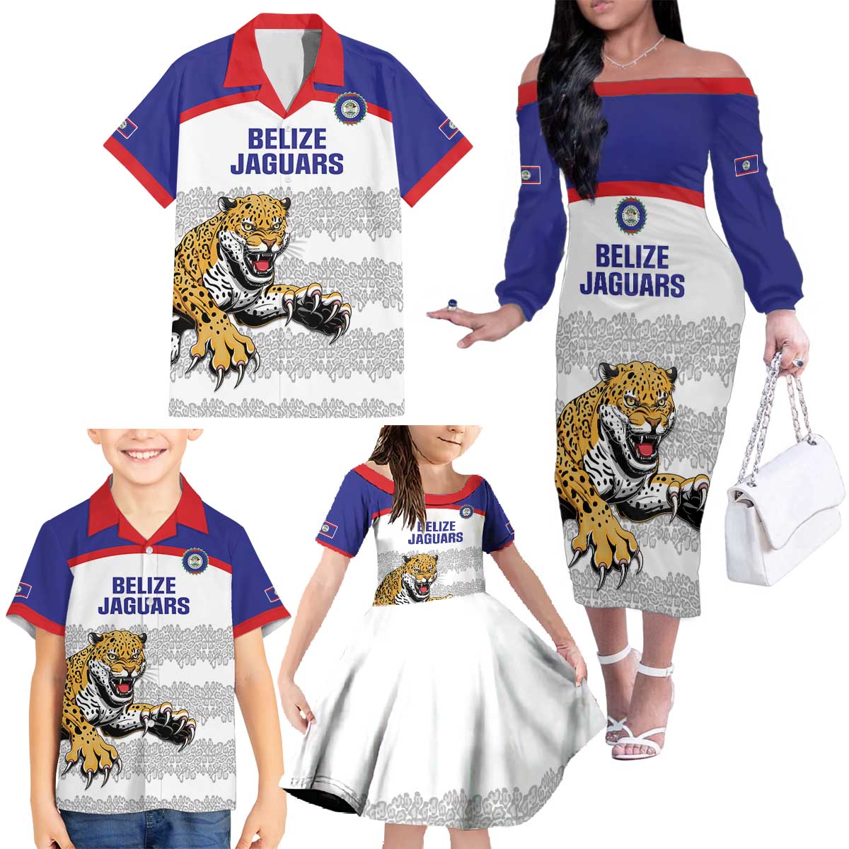 Custom Belize Football Family Matching Off The Shoulder Long Sleeve Dress and Hawaiian Shirt 2025 Go Jaguars