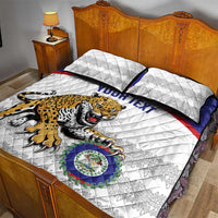 White quilt bed set with jaguar artwork and blue/red stripe band, plus 2 pillow shams