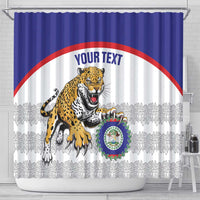 Shower curtain with jaguar, crest badge, blue top band, and 'YOUR TEXT' headline