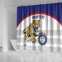 Jaguars shower curtain in bathroom: jaguar, crest badge, and 'YOUR TEXT' inside red arch