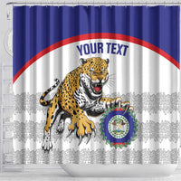 Jaguars shower curtain close view: jaguar, crest badge, red arch and 'YOUR TEXT'