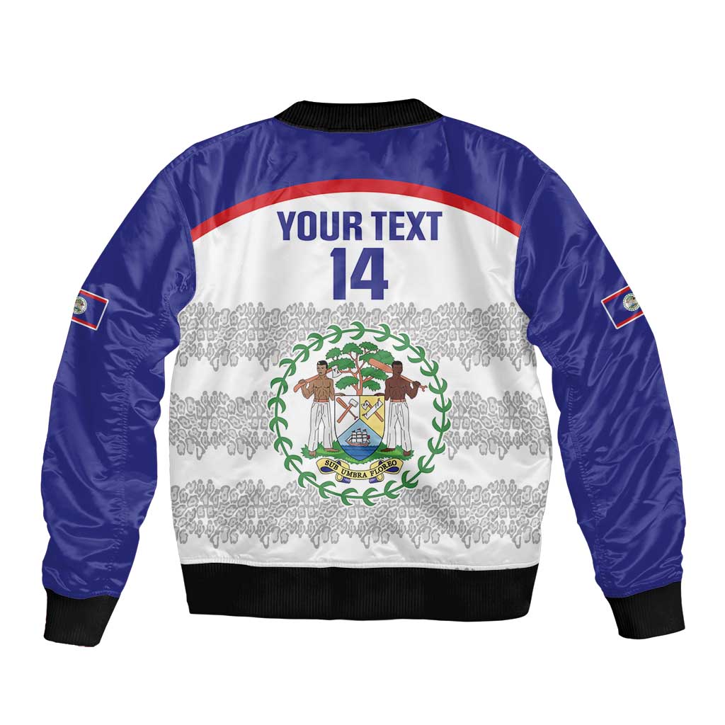 Two-tone zip bomber jacket in blue and white with ribbed hem and back crest design