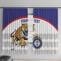 Blue and white football window curtain panels with jaguar mascot and circular crest print