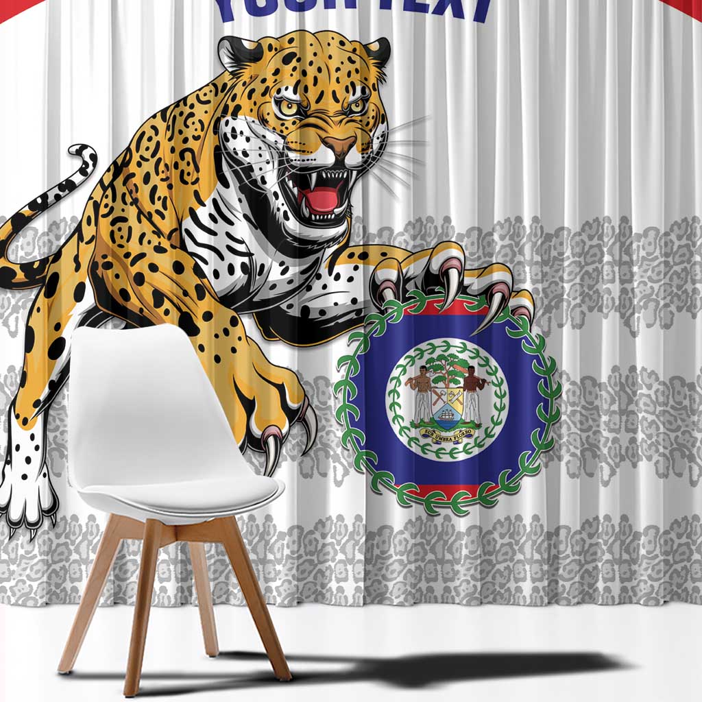 Close-up window curtain with roaring jaguar graphic and circular crest on gray patterned base