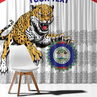 Close-up window curtain with roaring jaguar graphic and circular crest on gray patterned base