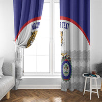 Window curtain with blue top band, jaguar artwork, and your-text area over white fabric