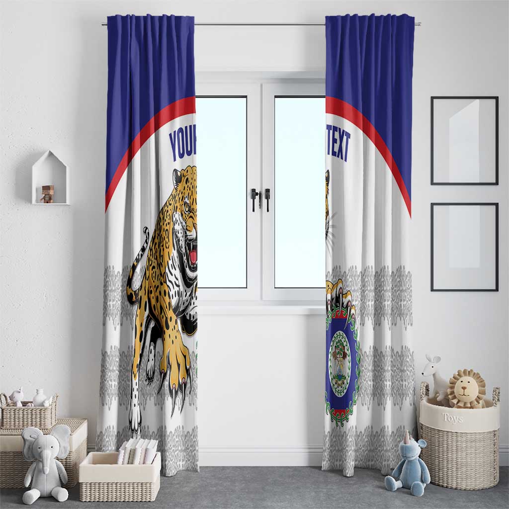 Pair of blue and white window curtains with jaguar mascot and your-text and text blocks