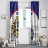 Pair of blue and white window curtains with jaguar mascot and your-text and text blocks