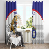 Blue and white window curtains with jaguar mascot and crest, plus your-text and text wording