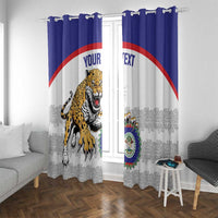 Blue and white window curtain set with jaguar artwork and crest on both panels