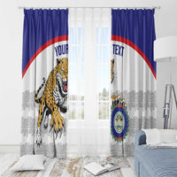 Blue and white window curtain pair with jaguar mascot and crest, shown with grommet rings