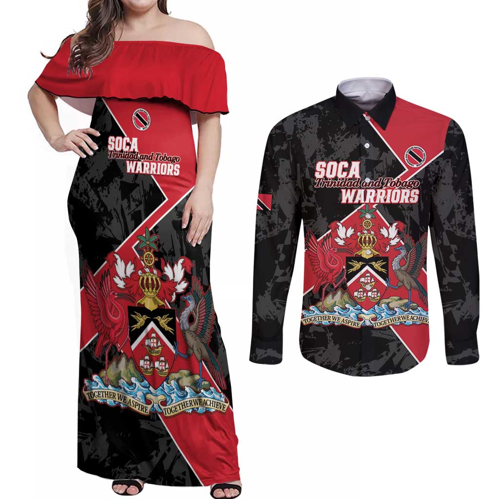 Custom Trinidad and Tobago Football Couples Matching Off Shoulder Maxi Dress and Long Sleeve Button Shirt 2025 Go Soca Warriors