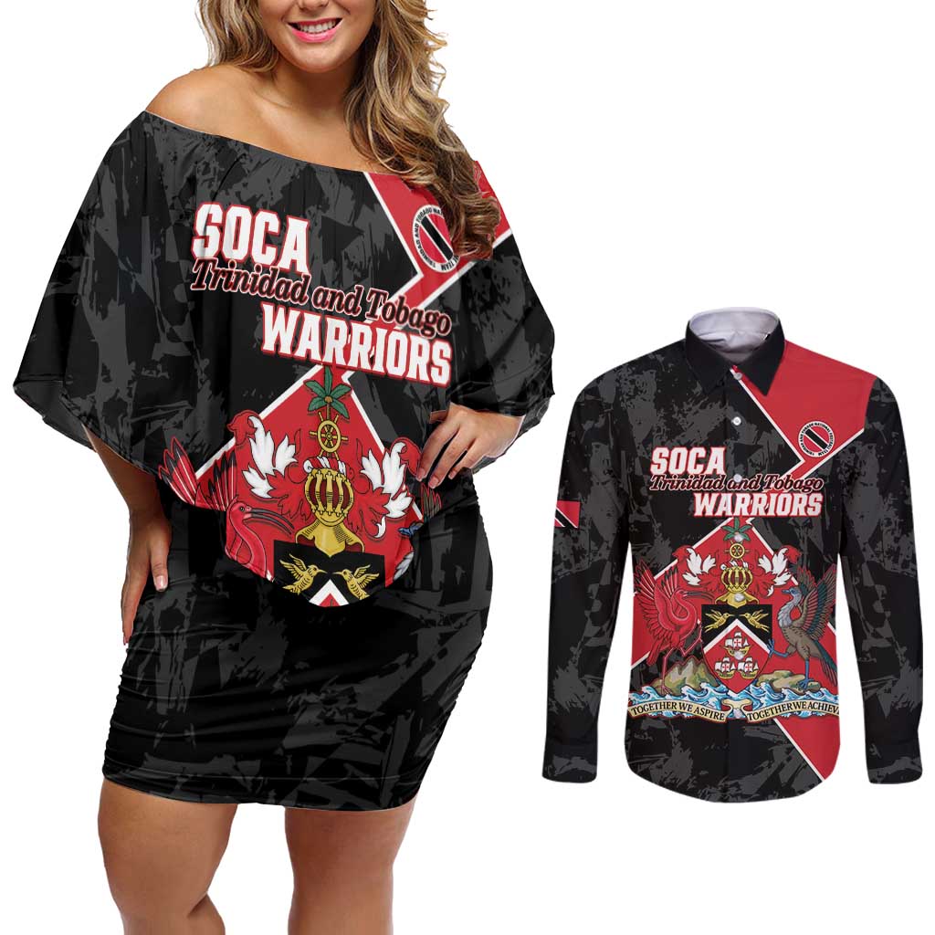 Custom Trinidad and Tobago Football Couples Matching Off Shoulder Short Dress and Long Sleeve Button Shirt 2025 Go Soca Warriors