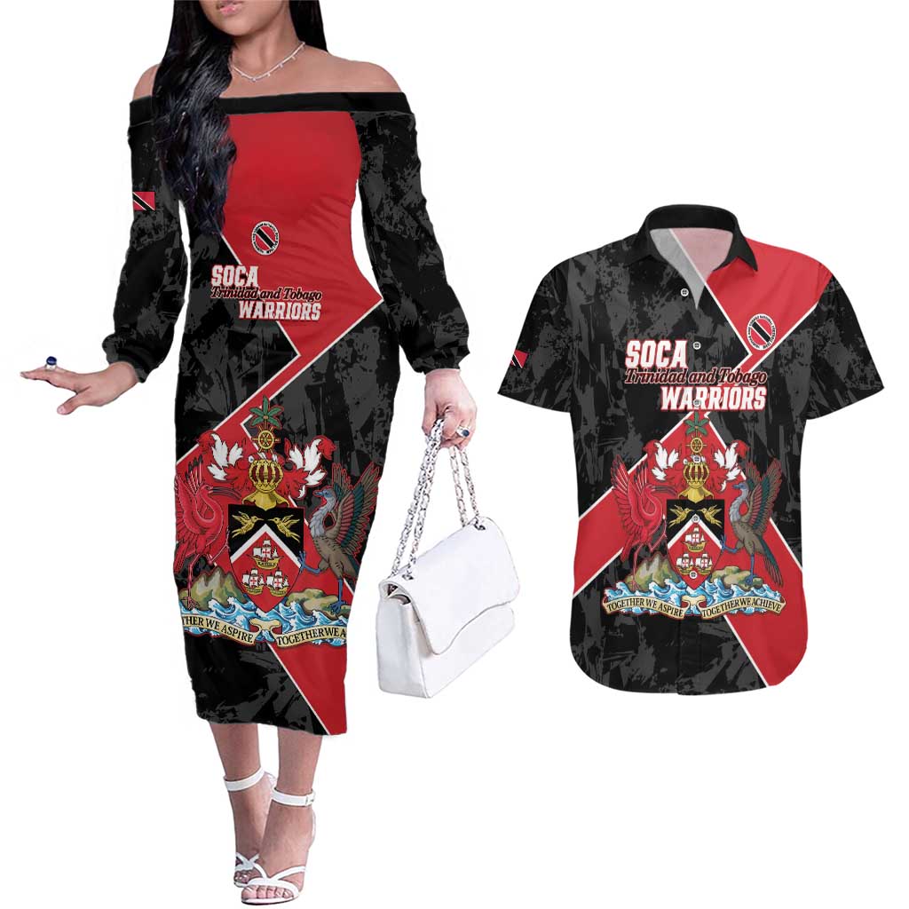 Custom Trinidad and Tobago Football Couples Matching Off The Shoulder Long Sleeve Dress and Hawaiian Shirt 2025 Go Soca Warriors