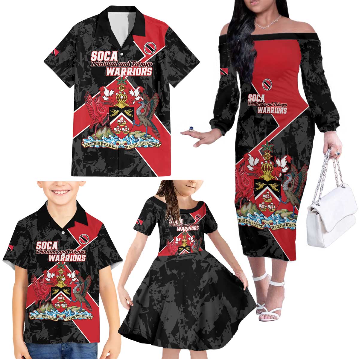 Custom Trinidad and Tobago Football Family Matching Off The Shoulder Long Sleeve Dress and Hawaiian Shirt 2025 Go Soca Warriors