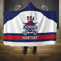 USA lacrosse hooded blanket with large center graphic, navy and white panels, red stripe