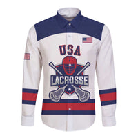 White long-sleeve button shirt with navy yoke, red-and-blue stripes, USA lacrosse front graphic