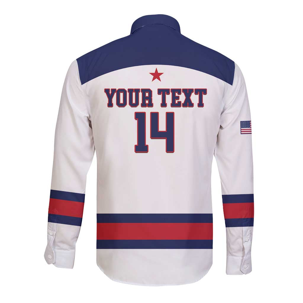 White long-sleeve button shirt with navy yoke, red-and-blue stripes, back YOUR TEXT 14