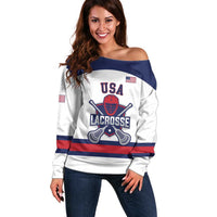 Women’s off-shoulder sweater, white with USA Lacrosse front graphic and stripes.