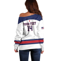 Women’s off-shoulder sweater, white back with custom text and blue/red stripe band.