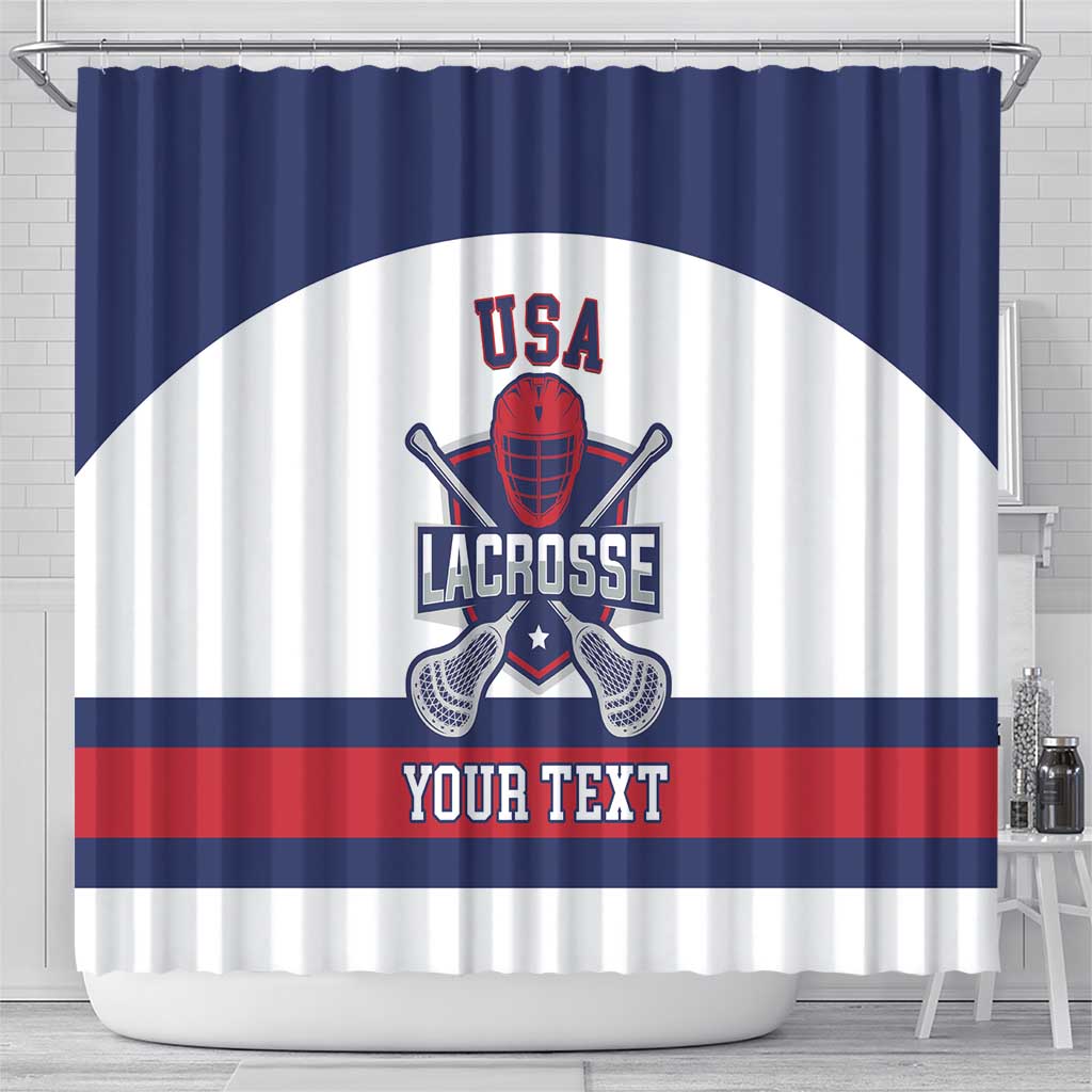 Lacrosse USA shower curtain, navy/white/red stripe design and YOUR TEXT
