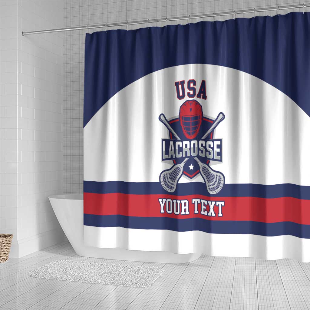 Lacrosse USA shower curtain with shield emblem and YOUR TEXT across stripes
