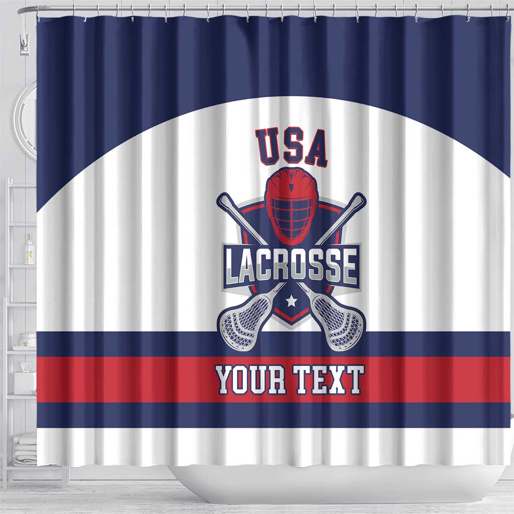 Front view lacrosse shower curtain with USA head logo and YOUR TEXT