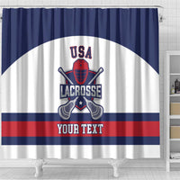 Lacrosse shower curtain with USA logo and navy/white/red band, YOUR TEXT