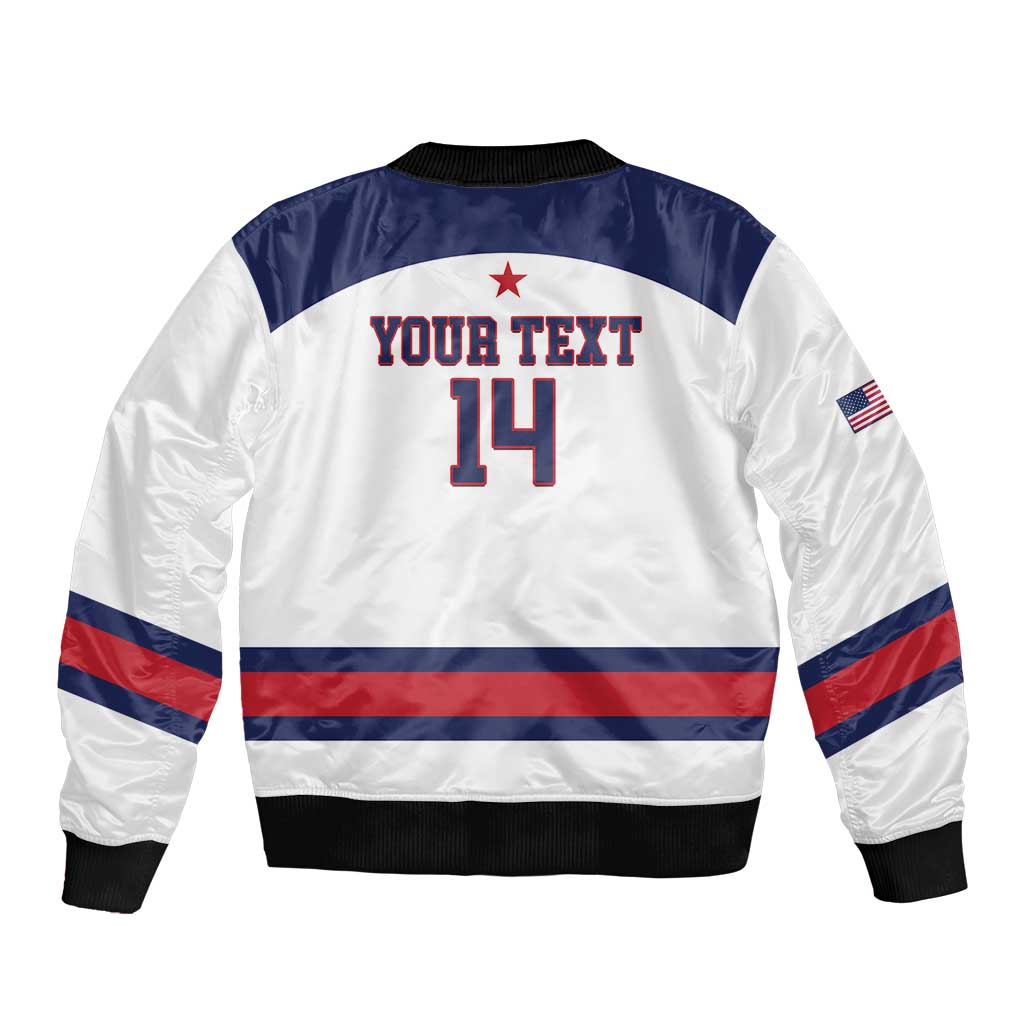Unisex white zip bomber jacket with navy yoke, back text and number 14, black rib cuffs