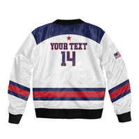 Unisex white zip bomber jacket with navy yoke, back text and number 14, black rib cuffs