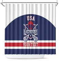 Lacrosse shower curtain: USA navy arch, red helmet and crossed sticks, red-white stripe, 'YOUR TEXT'