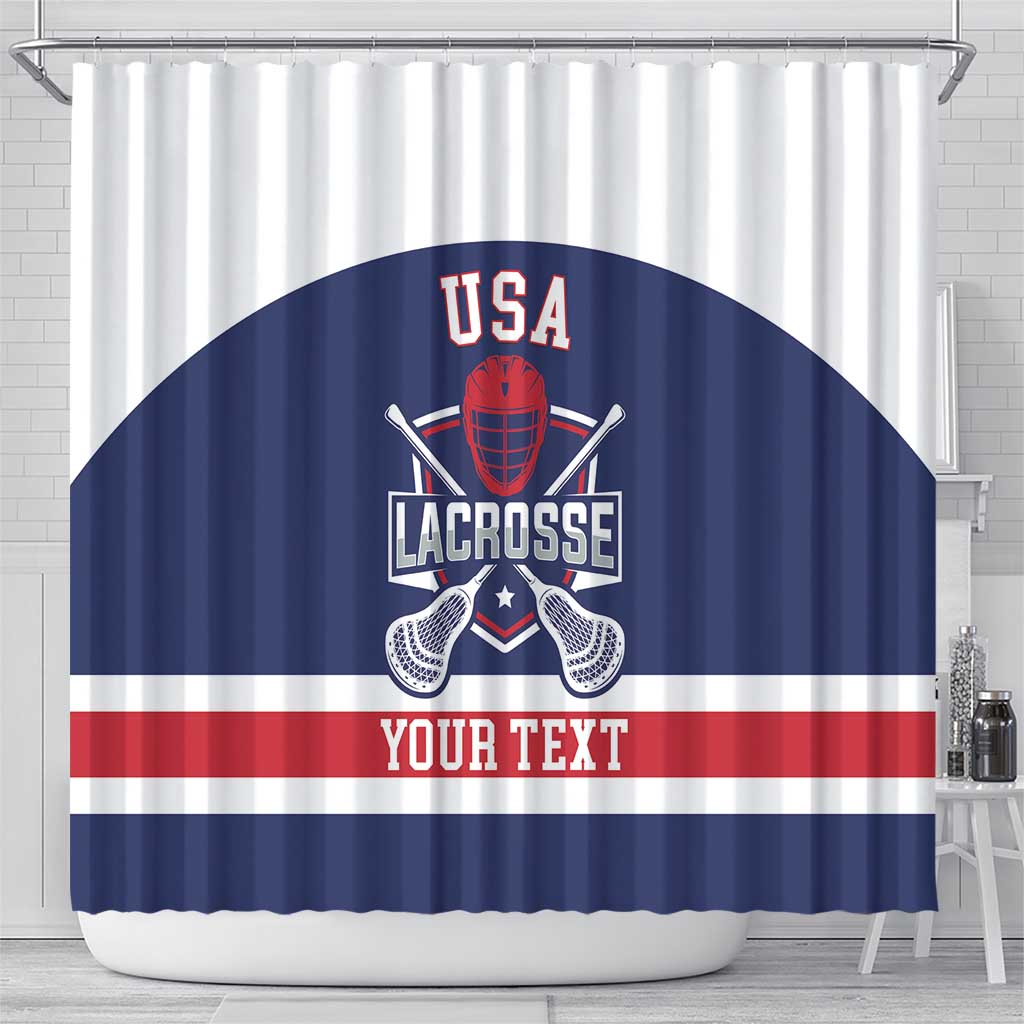 Lacrosse shower curtain with USA navy arch graphic, lacrosse helmet, crossed sticks, 'YOUR TEXT'