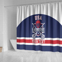 Lacrosse shower curtain with USA navy arch graphic and red 'YOUR TEXT' across bottom