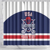 Lacrosse shower curtain front view with USA navy arch, helmet, crossed sticks, red stripe