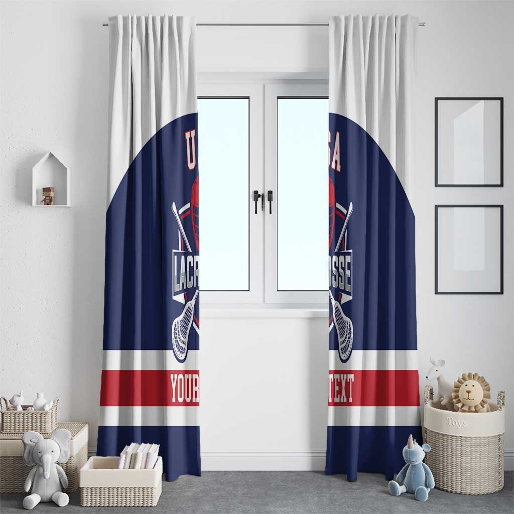 Pair of navy lacrosse curtains with USA graphic, lacrosse sticks, and red custom text.