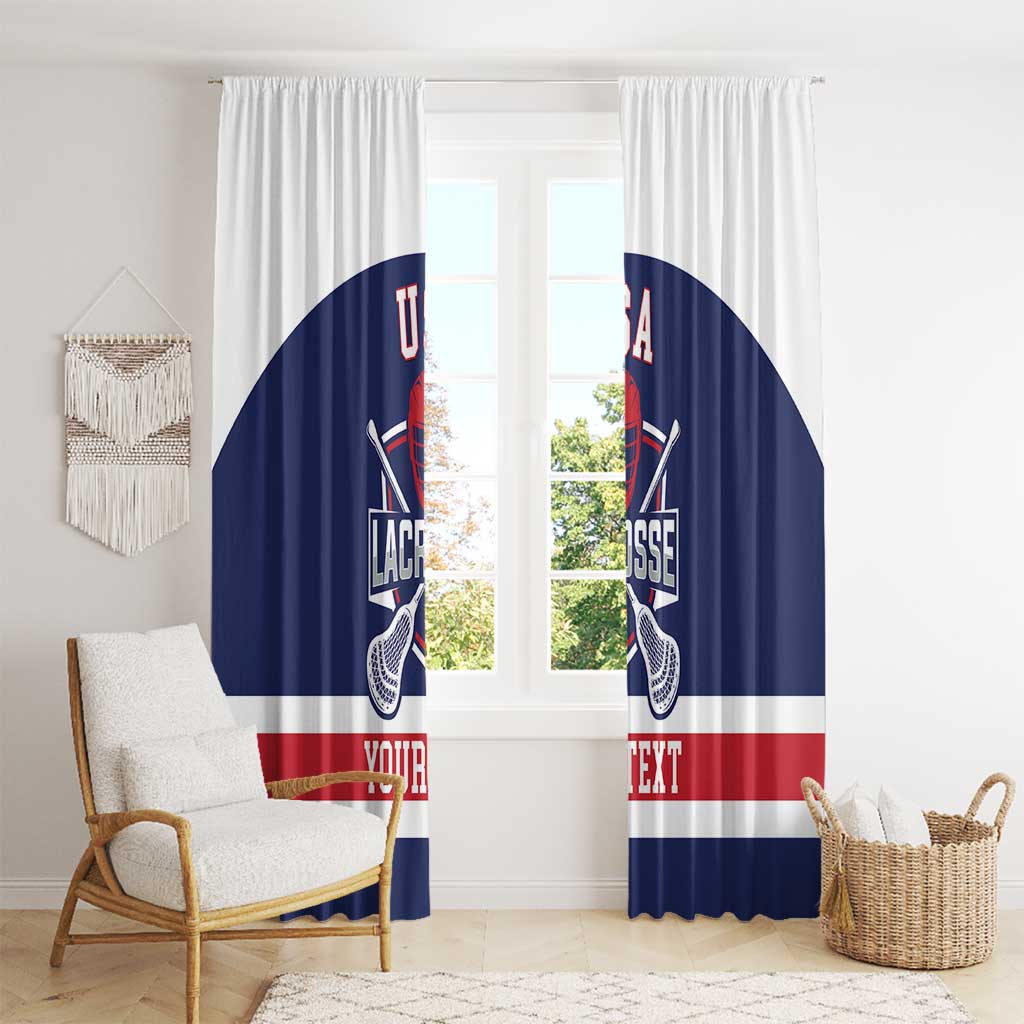 Navy lacrosse window curtain set with USA crest, red stripe, and custom text panel.