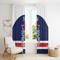 Navy lacrosse window curtain set with USA crest, red stripe, and custom text panel.