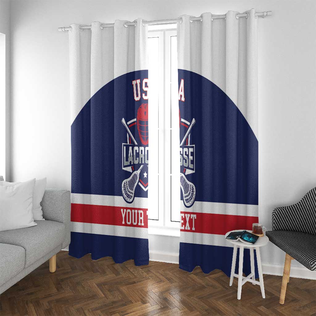 Navy lacrosse curtain pair with USA crest, lacrosse net icons, and bold red custom text.