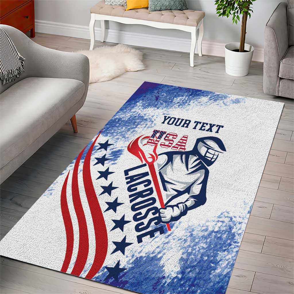 Custom lacrosse area rug, white base with blue-red distressed emblem and banner text