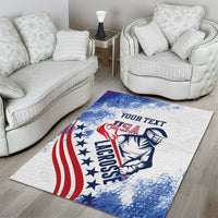 Custom lacrosse area rug with white textured surface and blue-red patriotic lacrosse logo