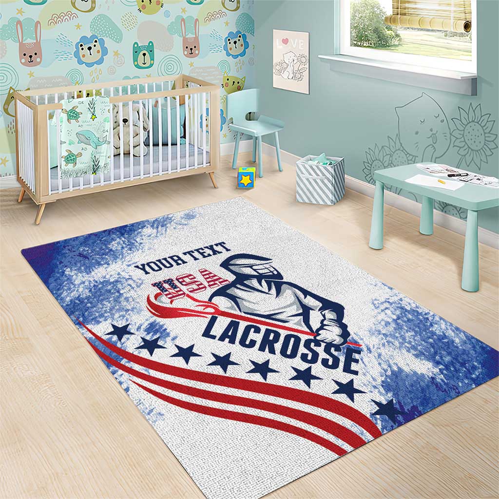 Custom lacrosse area rug with distressed stars, stripes, and lacrosse player graphic