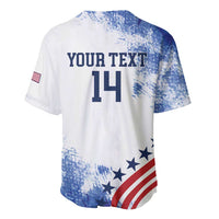Back view lacrosse jersey, white with blue grunge splash, stars, stripes, and number 14