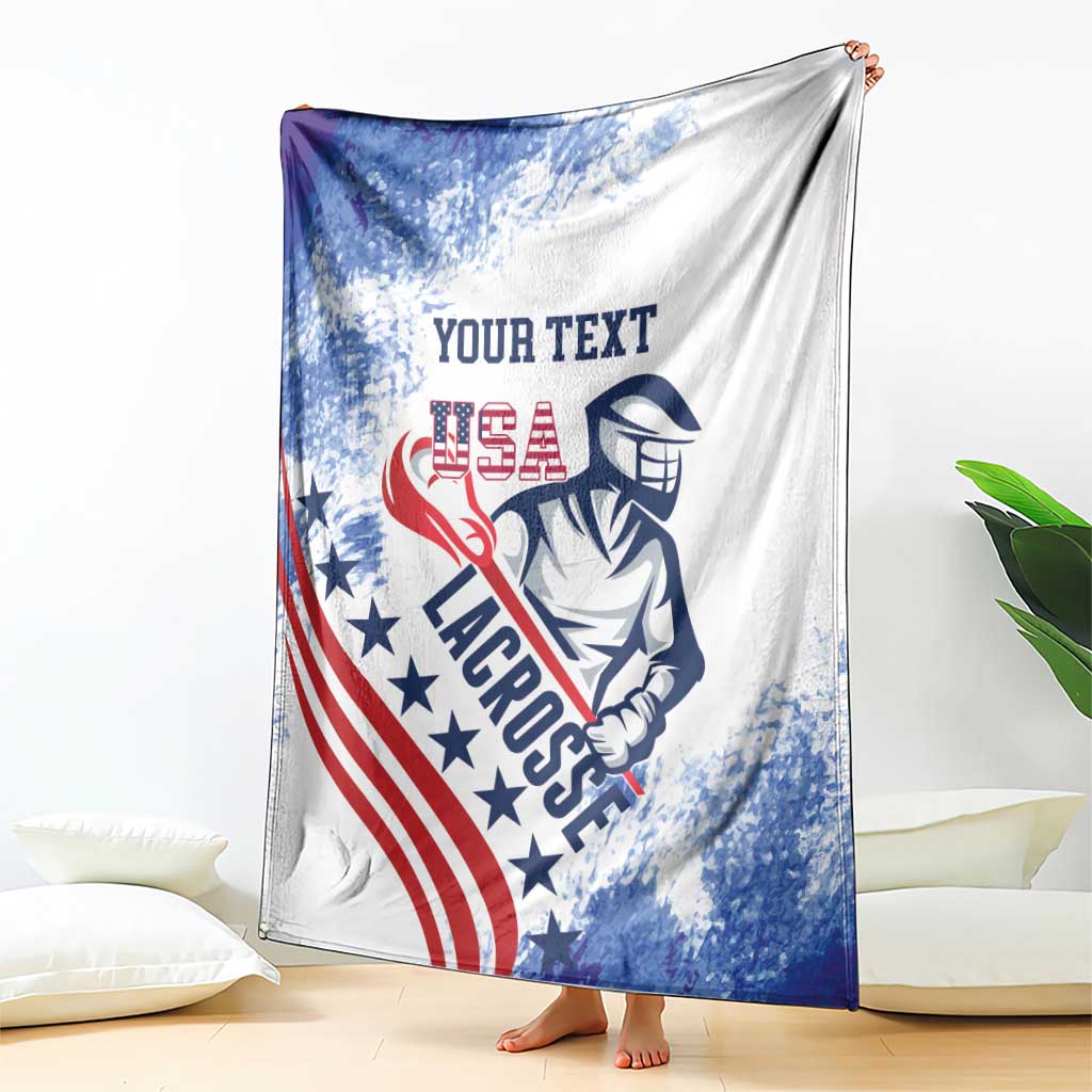 Custom lacrosse throw blanket draped, USA grunge design with mascot and flag stripes.
