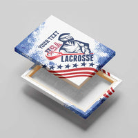 Top view of custom lacrosse canvas wall art with USA flag grunge and “YOUR TEXT”