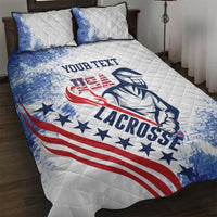 White quilt bed set with blue/red lacrosse graphic and "YOUR TEXT" on comforter